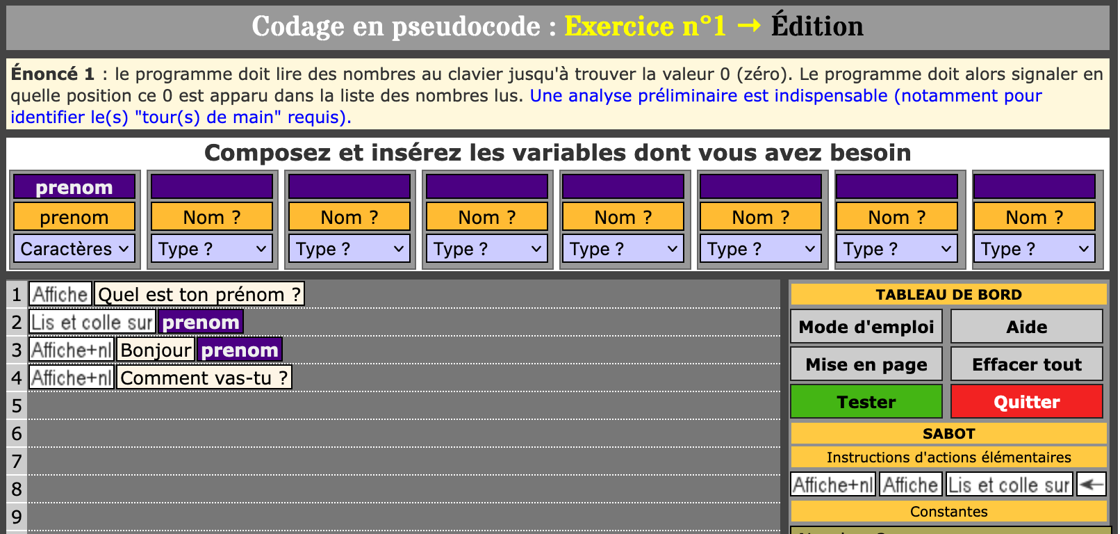 Le tableau des variables